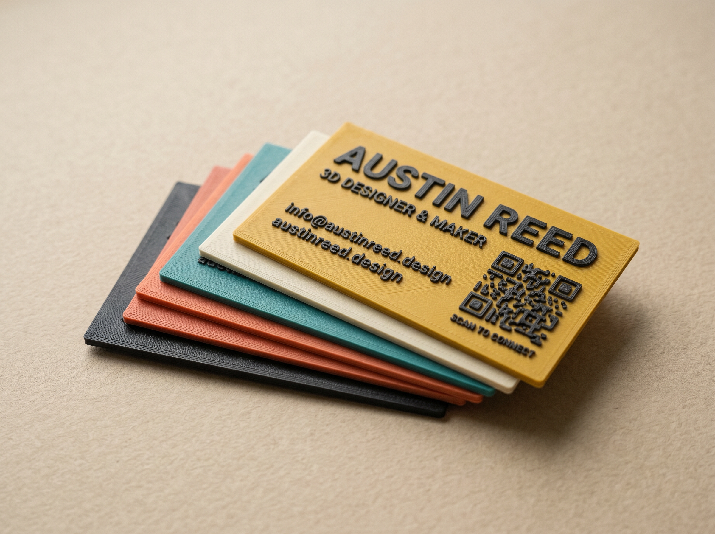 A fanned stack of layered 3D printed business cards with raised text and a QR code.